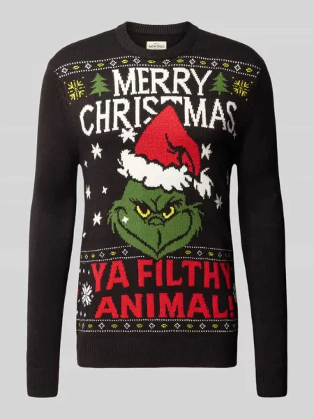 Sweter z dzianiny o kroju regular fit z wyhaftowanym motywem model GRINCH' Montego czarny