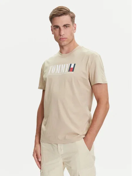 Тениска Tommy Jeans с принт бежово