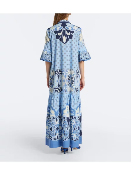 Rochie maxi La Doublej cu imagine din poplin albastru