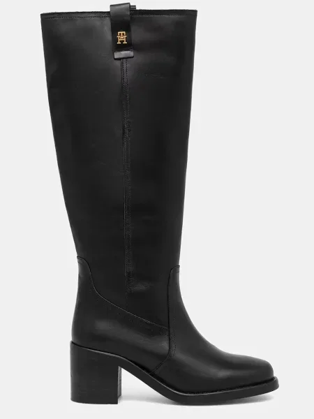 Δερμάτινες μπότες Tommy Hilfiger RIDING LTHR LONG BOOT BLOCK HEEL γυναικείες μαύρο
