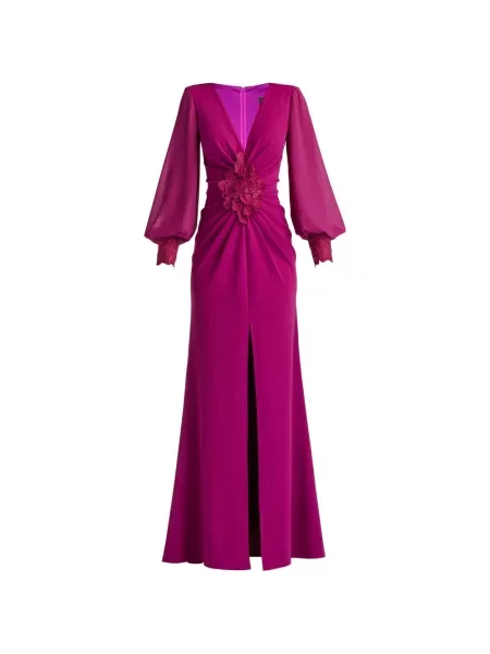 Sukienka Tadashi Shoji w kwiatki z dekoltem w serek z naszywkami różowa