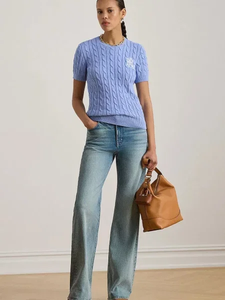 Lniany lekki sweter Ralph Lauren z krótkim rękawem niebieski