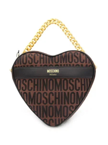 Geantă Moschino din jacard cu motiv cu inimi cu autograf maro