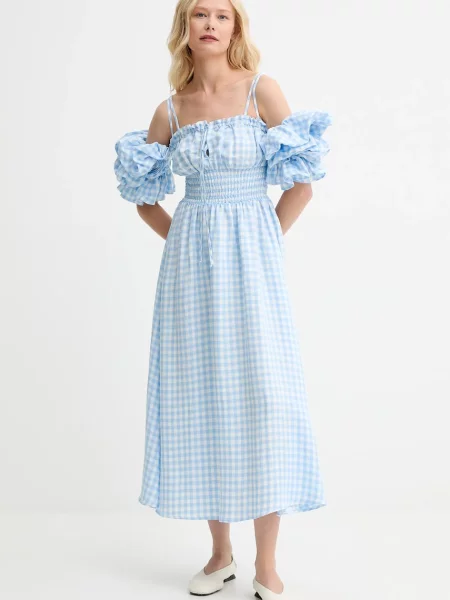 The Sleeper rochie din in midi evazați albastru