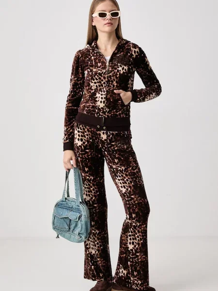 Juicy Couture rozepínací mikina s kapucí ABSTRACT ANIMAL PUFF SLEEVE ROBYN hnědá