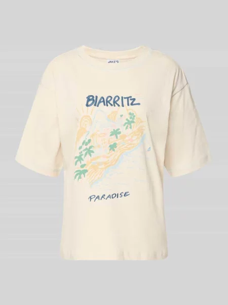 T-shirt z nadrukiem z motywem i okrągłym dekoltem Jake*s Casual beżowa