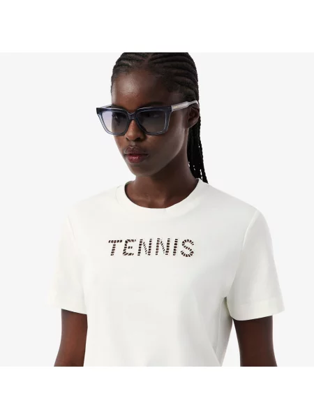 Lacoste T-Shirt Z Okrągłym Dekoltem Z Nadrukiem Regular Fit biały