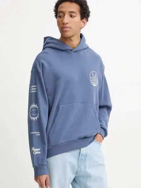Bombažen pulover adidas Originals s kapuco modra