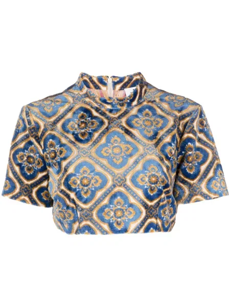 Aksamitny top Etro z nadrukiem w abstrakcyjne wzory niebieski