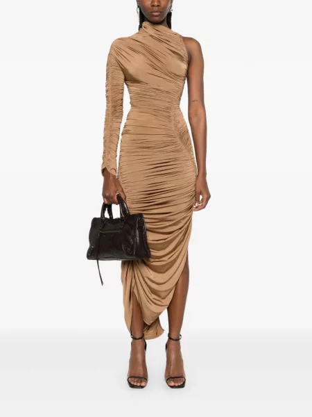 Rochie maxi Mugler cu volane asimetrică de costum maro
