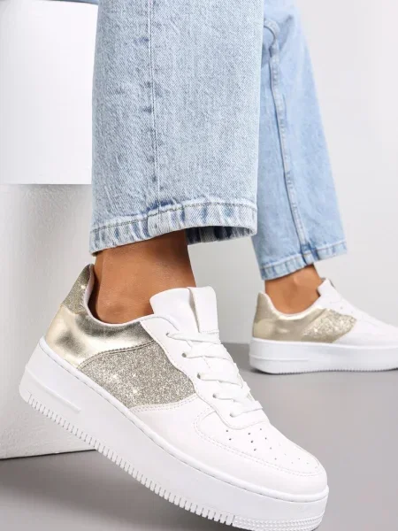 Sneakers Albi-Aurii cu Carâmb Înalt cu Inserții Metalice și cu Sclipici Kazma