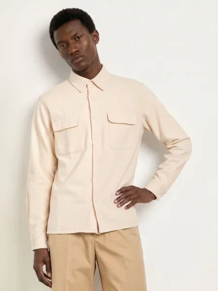 Sandro Koszula Flanelowa O Kroju Regular Fit beige beżowa