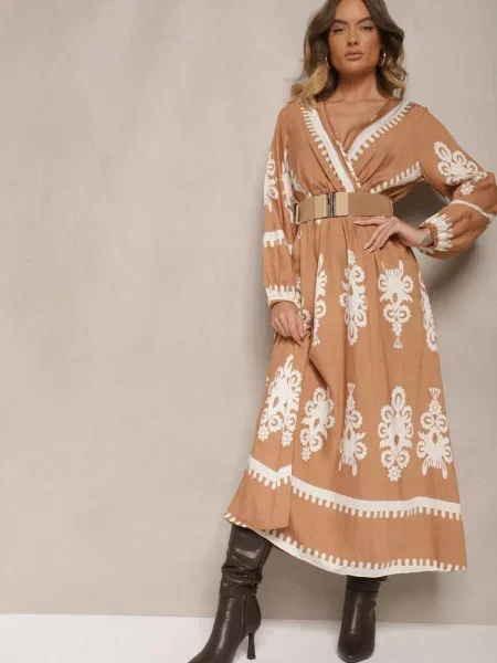 Kopertowa Sukienka z Wiskozą w Etniczny Wzór z Gumką i w Talii Tifissa beżowa