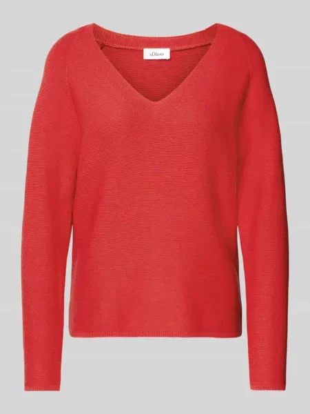 Sweter z dzianiny o kroju comfort fit z mieszanki bawełny z dekoltem w serek S.oliver Red Label czerwony