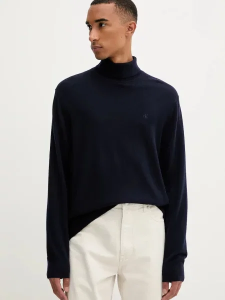 Calvin Klein sweter wełniany lekki z golferm granatowy