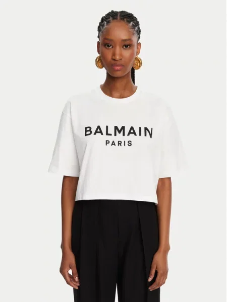 Zkrácené tričko Balmain s potiskem jersey bílé