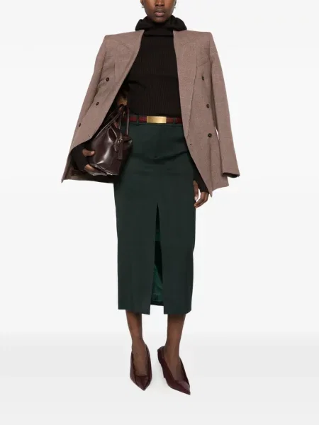 Fustă midi The Frankie Shop cu model herringbone verde