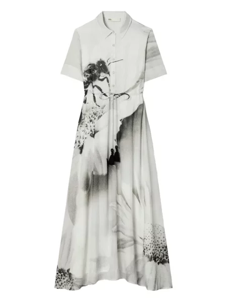 Rochie midi Tory Burch cu model floral cu imagine până la genunchi gri