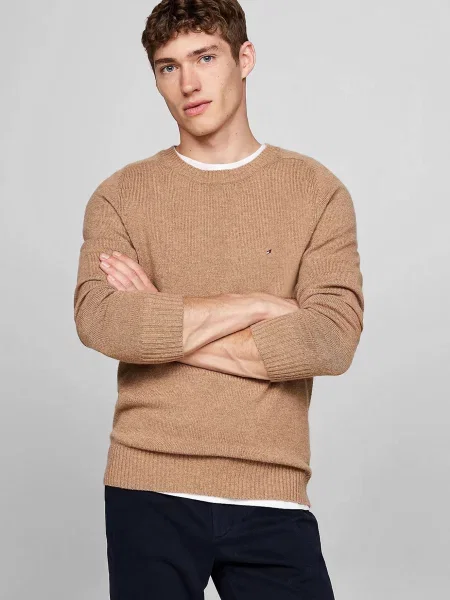 Вовняний светр Tommy Hilfiger з круглим вирізом бежевий