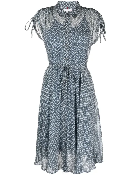 Sukienka midi Tommy Hilfiger szyfonowa z nadrukiem garniturowa niebieska