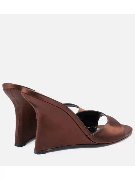 Papuci tip mules Staud din satin cu pană maro