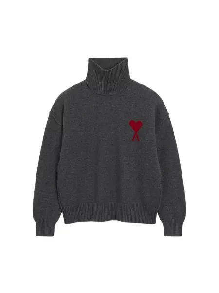 Sweter z golfem Ami Paris wełniany z logo szary