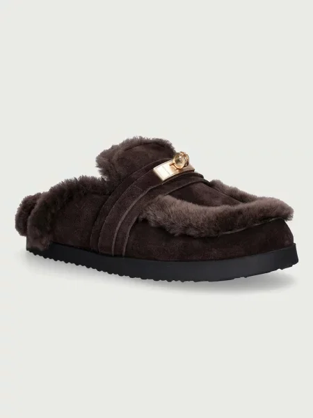Nokwol papuci de casă pentru femei din piele Toby Brown Suede Shearling maro