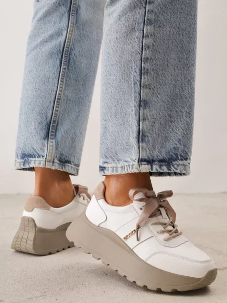 Sneakers din piele cu două perechi de șireturi pe platformă Crocefissa Albi alb