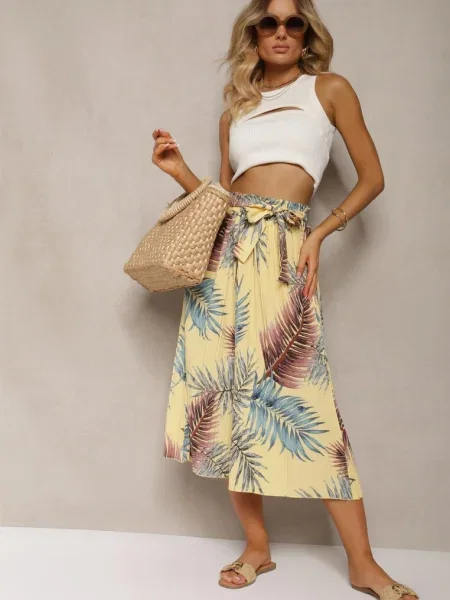 Pantaloni plisati cu picioare largi High Waist cu în talie Alfia galbeni