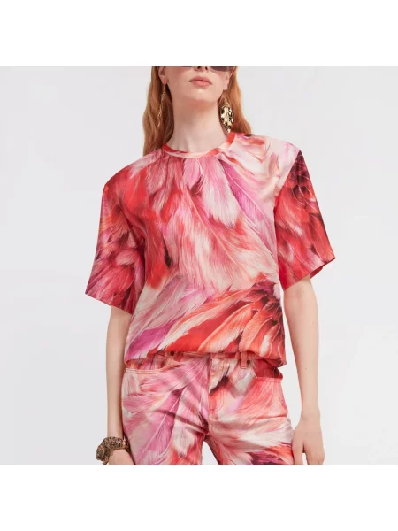 Jedwabna koszulka Roberto Cavalli z nadrukiem różowa