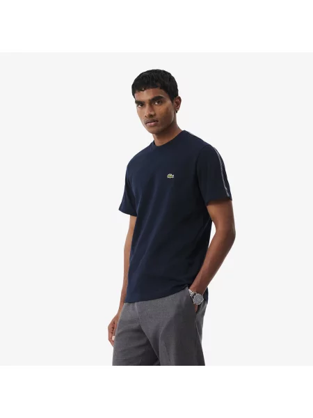 Lacoste Koszulka Z Grubej Bawełny Z Paskiem Logo granatowa