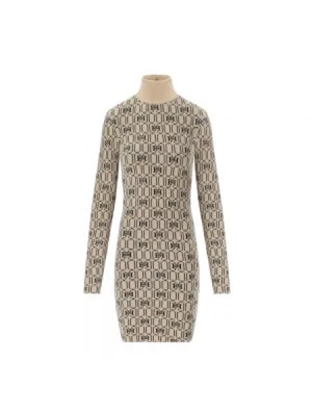 Dzianinowa sukienka Elisabetta Franchi z dekoltem w serek garniturowa beżowa