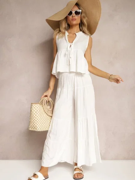 Spodnie z Szerokimi Nogawkami Palazzo z Falbankami i Gumką w Pasie Dimlin białe