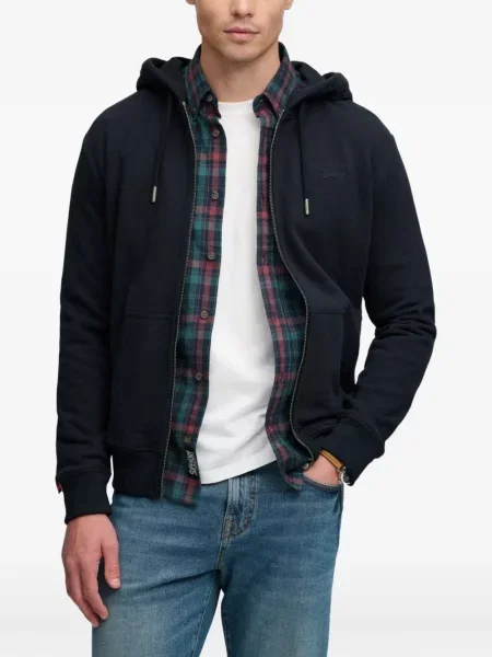 Суичър с качулка Superdry с автограф синьо