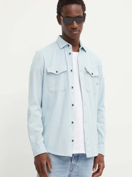 Риза G-Star Raw мъжка със стандартна кройка с класическа яка синьо