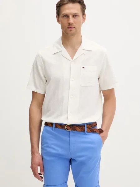 Tommy Jeans πουκάμισο ανδρικό με λινό μπεζ