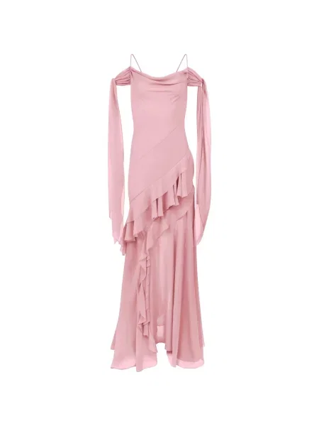 Rochie maxi Nina Ricci de mătase cu volane roz