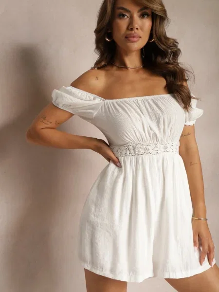 Salopeta de vara din vascoza cu maneca scurta si decolteu patrat Geviana alba