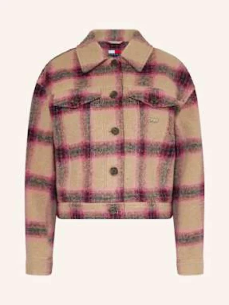 Tommy Jeans kurtka wełniana Kobiety Wełna lila|beżowy w kratkę S beżowa
