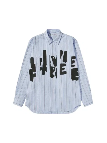 Koszula Comme Des Garcons z nadrukiem wełniana niebieska