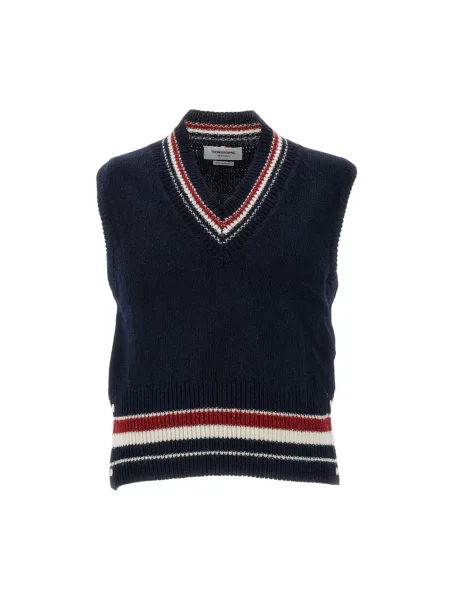 Sweter Thom Browne wełniany z dekoltem w serek niebieski