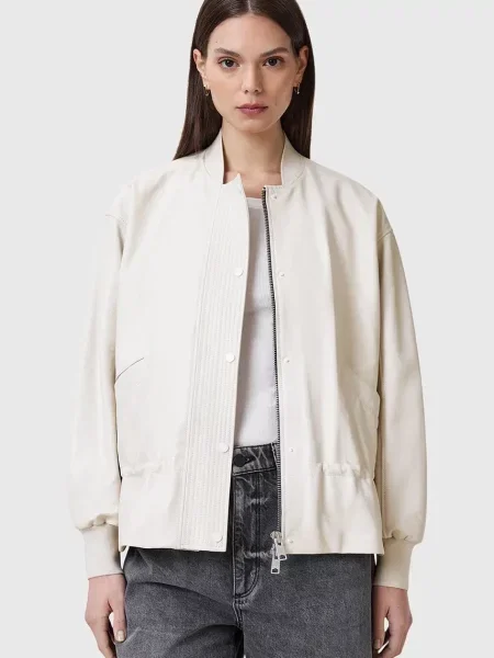 Кожено яке AllSaints SOFI преходен модел бяло