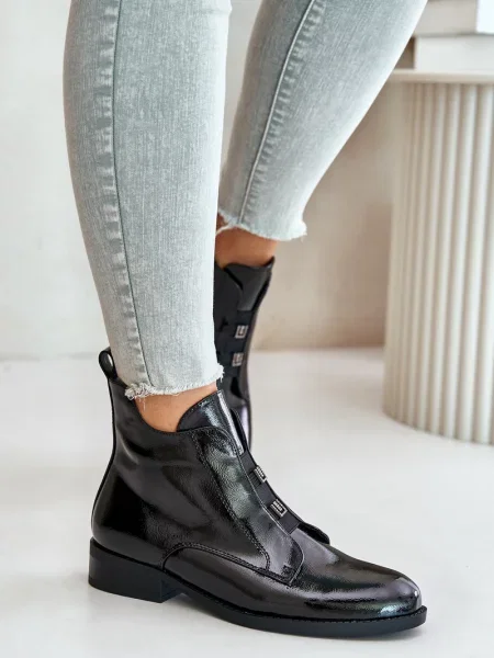 Кожени боти до глезена S. Barski без ток от лакирана кожа черно