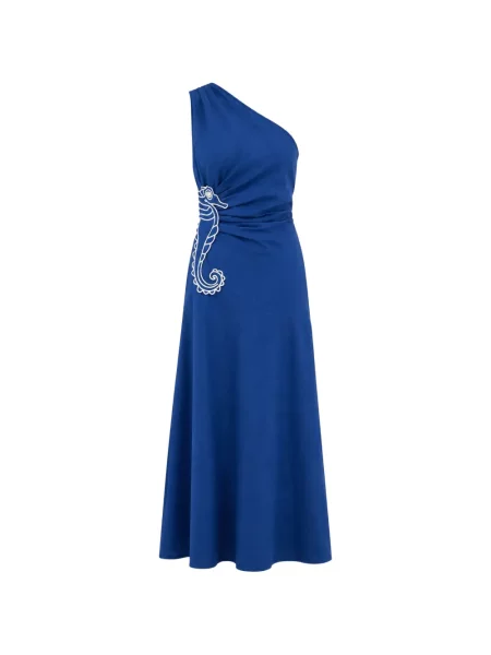 Rochie maxi Farm Rio cu broderie cu un umăr gol albastru