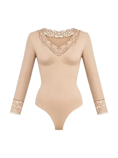 Cfab Alakformáló body Clean Longsleeve V-Neck with Lace Sculpting Bodysuit with String' bézs
