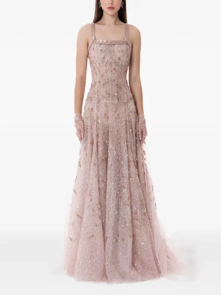 Rochie maxi Dina Melwani cu broderie din tul roz