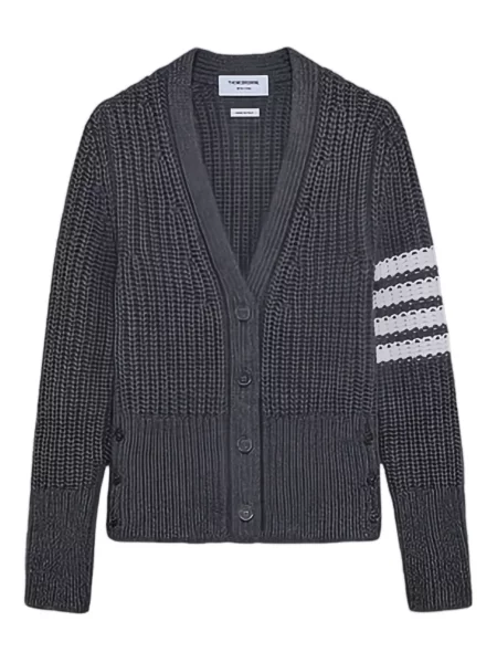 Cardigan Thom Browne cu dungi cu decolteu în V gri