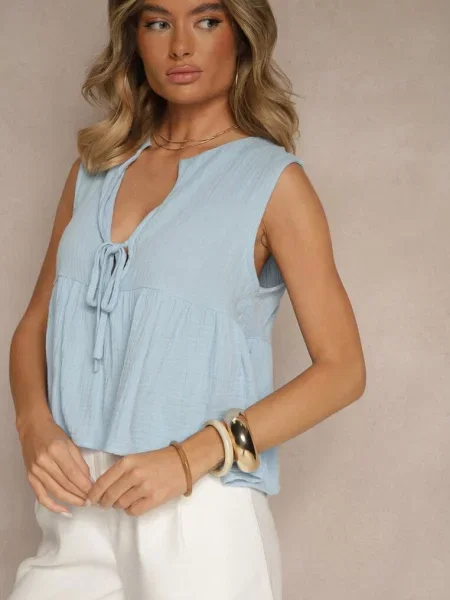 Bluzka Top z Bawełny Wiązana z Przodu z Falbanką Comila niebieska