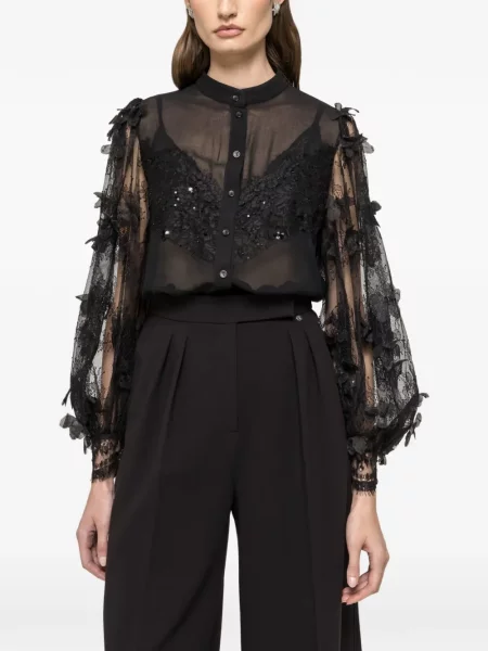 Cămașă Nissa cu model floral din dantelă negru