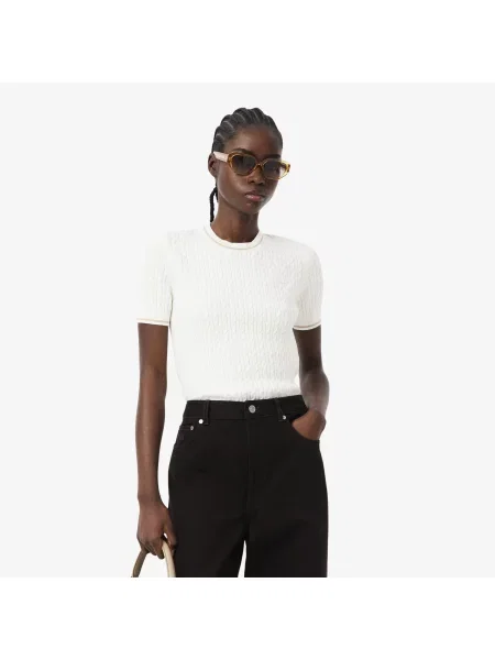 Lacoste Sweter Z Krótkim Rękawem O Splocie Warkoczowym biały